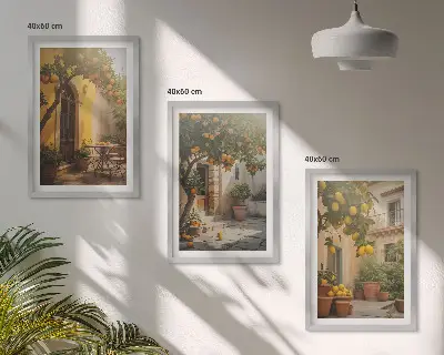 Wanddecoratieset schilderijen met zonnig terras en citrusplanten in potten