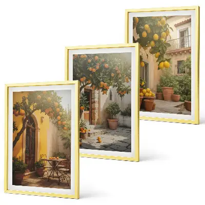 Wanddecoratieset schilderijen met zonnig terras en citrusplanten in potten
