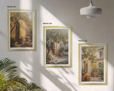 Wanddecoratieset schilderijen met zonnig terras en citrusplanten in potten