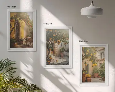 Wanddecoratieset schilderijen met zonnig terras en citrusplanten in potten