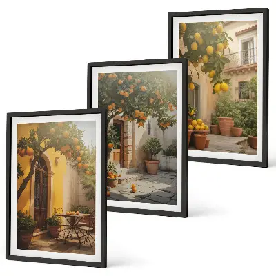 Wanddecoratieset schilderijen met zonnig terras en citrusplanten in potten