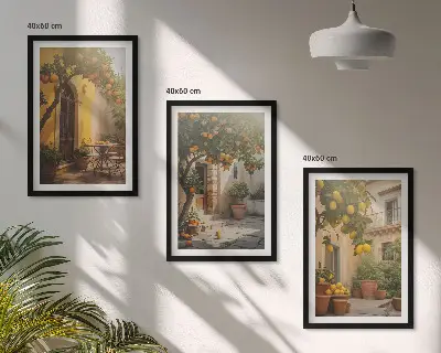 Wanddecoratieset schilderijen met zonnig terras en citrusplanten in potten