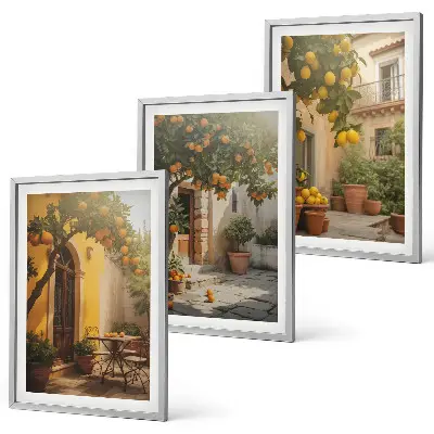 Wanddecoratieset schilderijen met zonnig terras en citrusplanten in potten