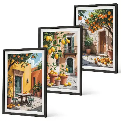 Wanddecoratieset schilderijen citrusvruchten in de tuin