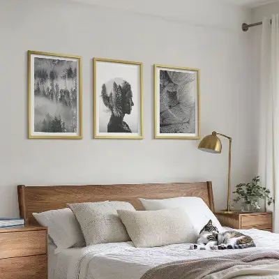 Fotowand met een bos in de mist, een portret van een boom en een paardenbloem