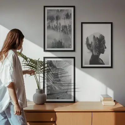 Fotowand met een bos in de mist, een portret van een boom en een paardenbloem
