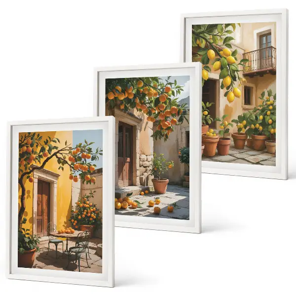 Wanddecoratieset schilderijen met citrusvruchten en planten op een binnenplaats