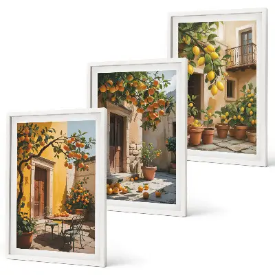 Wanddecoratieset schilderijen met citrusvruchten en planten op een binnenplaats