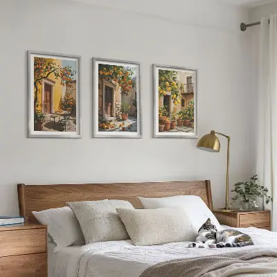 Wanddecoratieset schilderijen met citrusvruchten en planten op een binnenplaats