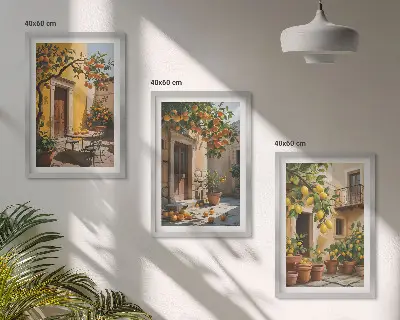 Wanddecoratieset schilderijen met citrusvruchten en planten op een binnenplaats