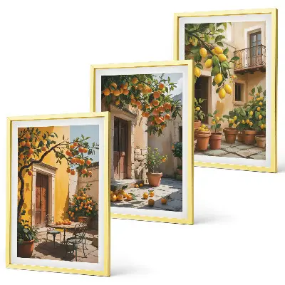 Wanddecoratieset schilderijen met citrusvruchten en planten op een binnenplaats