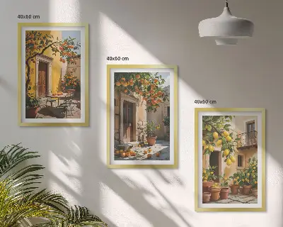 Wanddecoratieset schilderijen met citrusvruchten en planten op een binnenplaats
