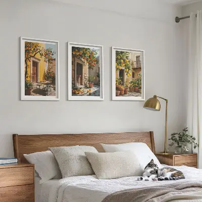 Wanddecoratieset schilderijen met citrusvruchten en planten op een binnenplaats