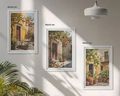 Wanddecoratieset schilderijen met citrusvruchten en planten op een binnenplaats