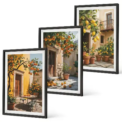 Wanddecoratieset schilderijen met citrusvruchten en planten op een binnenplaats