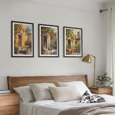 Wanddecoratieset schilderijen met citrusvruchten en planten op een binnenplaats