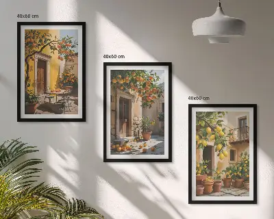 Wanddecoratieset schilderijen met citrusvruchten en planten op een binnenplaats