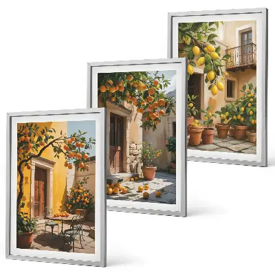 Wanddecoratieset schilderijen met citrusvruchten en planten op een binnenplaats