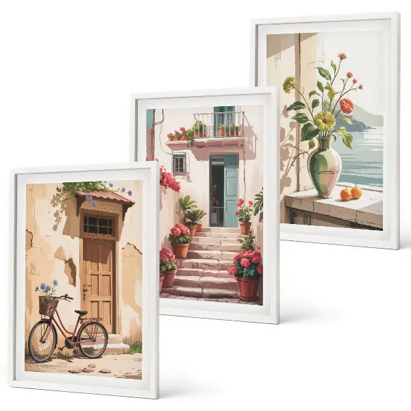 Wanddecoratieset schilderijen straatje met bloemen en fiets