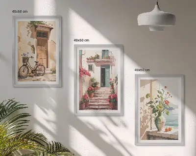 Wanddecoratieset schilderijen straatje met bloemen en fiets