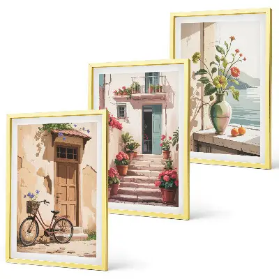 Wanddecoratieset schilderijen straatje met bloemen en fiets