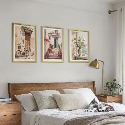 Wanddecoratieset schilderijen straatje met bloemen en fiets