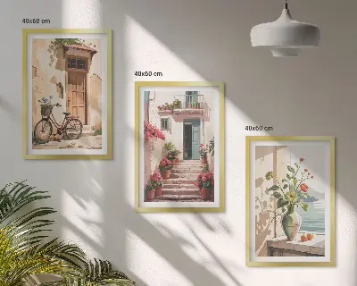 Wanddecoratieset schilderijen straatje met bloemen en fiets