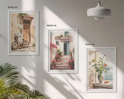 Wanddecoratieset schilderijen straatje met bloemen en fiets