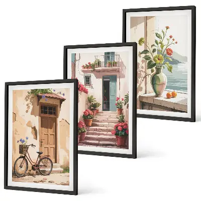 Wanddecoratieset schilderijen straatje met bloemen en fiets