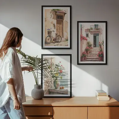 Wanddecoratieset schilderijen straatje met bloemen en fiets