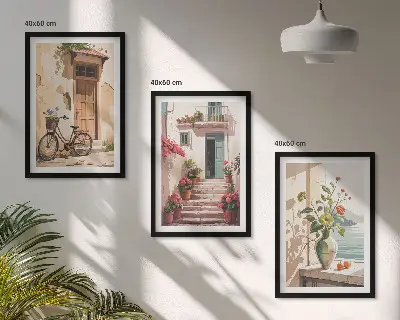 Wanddecoratieset schilderijen straatje met bloemen en fiets