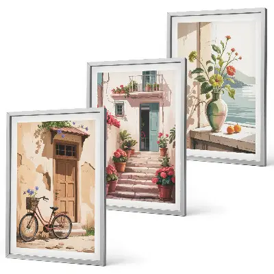 Wanddecoratieset schilderijen straatje met bloemen en fiets
