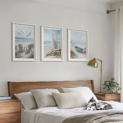 Fotowand met strand en surfplanken met vogels