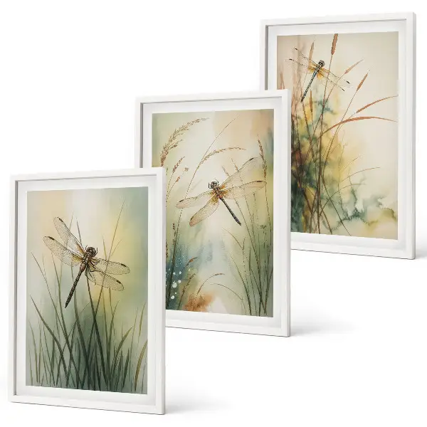 Wanddecoratieset met schilderijen grassen en libellen bij het water