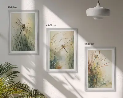 Wanddecoratieset met schilderijen grassen en libellen bij het water