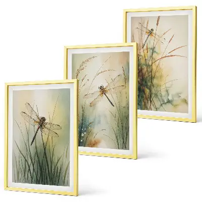Wanddecoratieset met schilderijen grassen en libellen bij het water