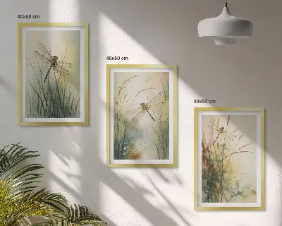 Wanddecoratieset met schilderijen grassen en libellen bij het water