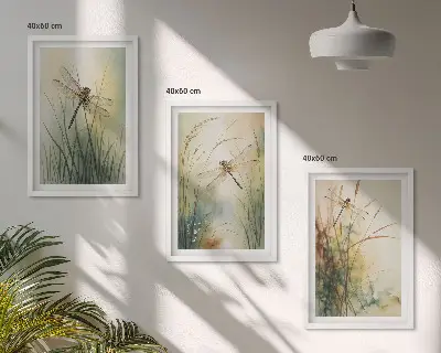 Wanddecoratieset met schilderijen grassen en libellen bij het water