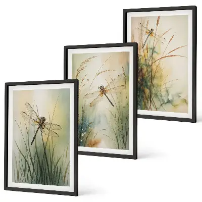 Wanddecoratieset met schilderijen grassen en libellen bij het water