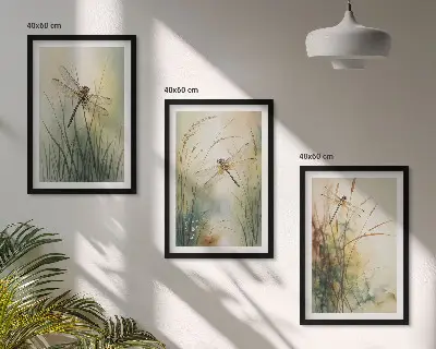 Wanddecoratieset met schilderijen grassen en libellen bij het water