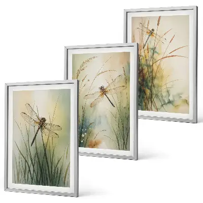 Wanddecoratieset met schilderijen grassen en libellen bij het water