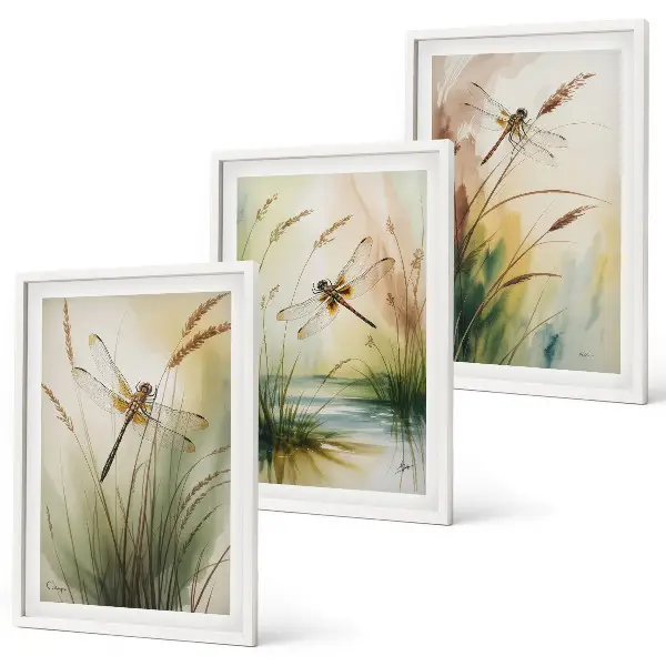 Fotowand schilderij van libellen boven het water met gras