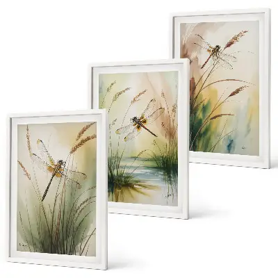 Fotowand schilderij van libellen boven het water met gras