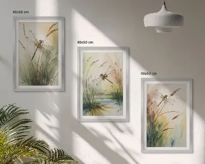 Fotowand schilderij van libellen boven het water met gras