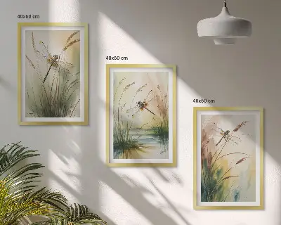 Fotowand schilderij van libellen boven het water met gras