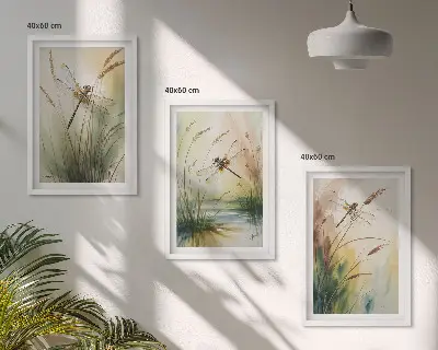 Fotowand schilderij van libellen boven het water met gras