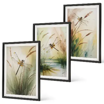 Fotowand schilderij van libellen boven het water met gras