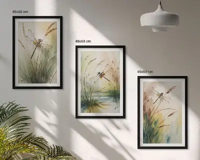 Fotowand schilderij van libellen boven het water met gras