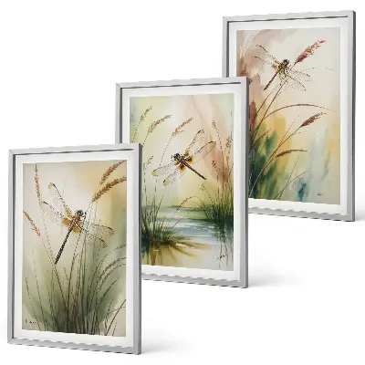 Fotowand schilderij van libellen boven het water met gras