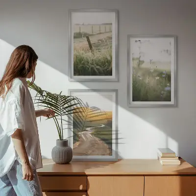 Wanddecoratie set schilderijen landschap met weide weg en zonsondergang